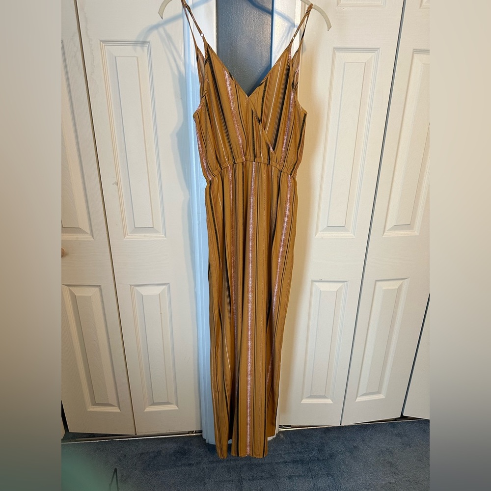 XHILARATION Women's Sleeveless Jumpsuit V-Neck Striped Mustard - smoke free home